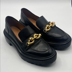 Tory Burch Black Leather Women's Chain-Detail Lug Sole Loafers